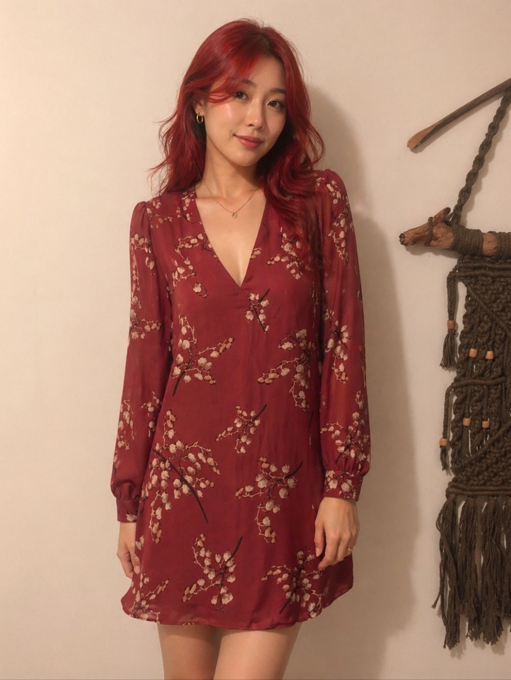Lavender Brown Red V-Neck Long Bell Puff Sleeve Dress